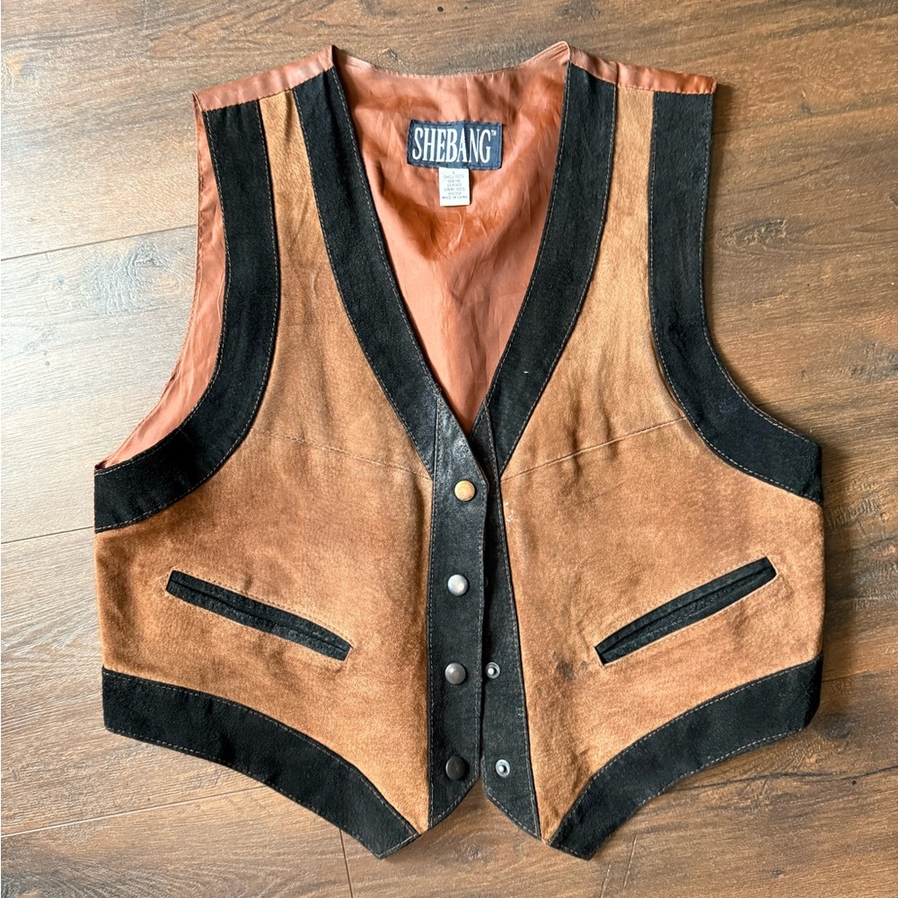 Women's Vintage Tan and Black Suede Genuine Leather Vest